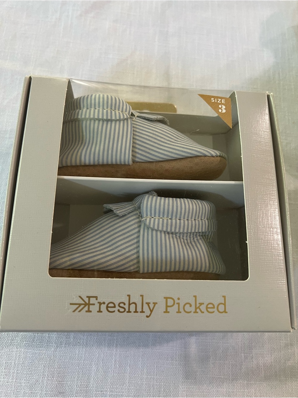 Freshly Picked Light Blue & White Striped Baby Moccasins
